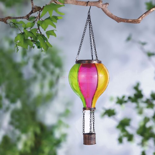 Felakasztható szolár lámpa - hőlégballon - lángeffekt - 12 sárga LED - 11 x 11 x 37 cm