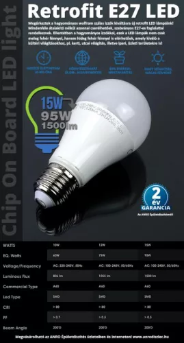 LED lámpa E27 (15W/200°) Körte, természetes fehér