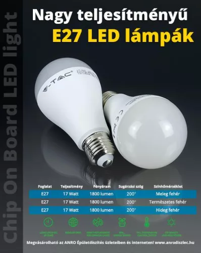 LED lámpa E27 (17W/200°) Körte, hideg  fehér