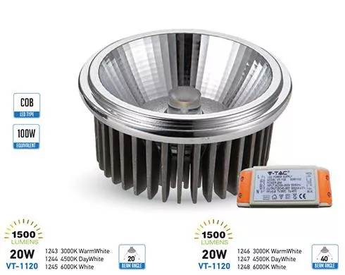 LED lámpa AR111 COB 20W  20° 12V (Reflektor) hideg fehér