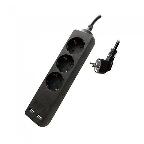 Hosszabbító 3-as elosztóval (3 földelt + 2 USB) fekete - 1.5 m vezetékkel