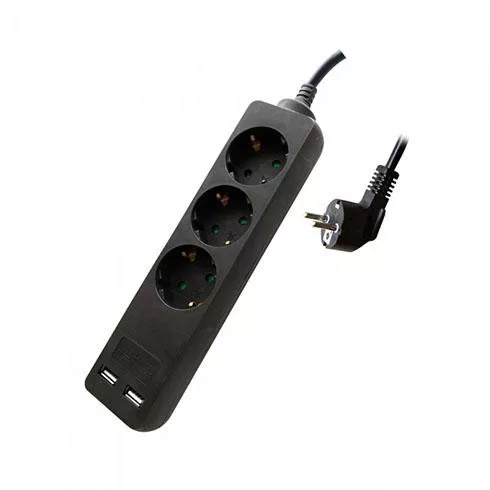 Hosszabbító 3-as elosztóval (3 földelt + 2 USB) fekete - 5 m vezetékkel