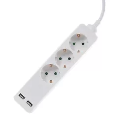   Hosszabbító 3-as elosztóval (3 földelt + 2 USB) fehér - 1.5 m vezetékkel