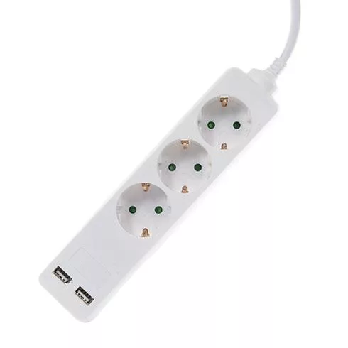 Hosszabbító 3-as elosztóval (3 földelt + 2 USB) fehér - 1.5 m vezetékkel