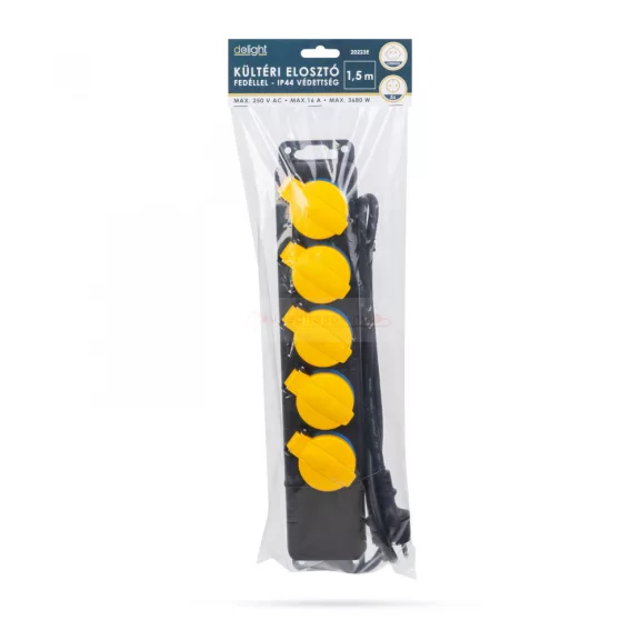 Kültéri elosztó fedéllel - 1,5 m - 5 x 230V - 3 x 1,5 mm2, gumi  - IP44
