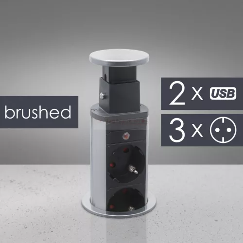 Irodai asztalba rejtett elosztó 3db dugalj + 2db USB kerek szálcsiszolt