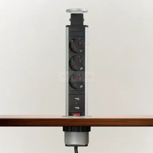 Irodai asztalba rejtett elosztó 3db dugalj + 2db USB kerek szálcsiszolt