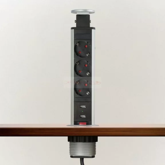 Irodai asztalba rejtett elosztó 3db dugalj + 2db USB kerek szálcsiszolt