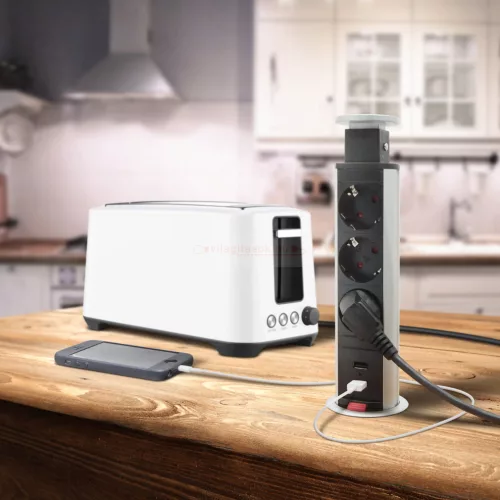 Irodai asztalba rejtett elosztó 3db dugalj + 2db USB kerek szálcsiszolt