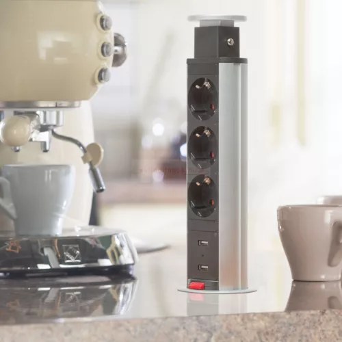 Irodai asztalba rejtett elosztó 3db dugalj + 2db USB kerek szálcsiszolt