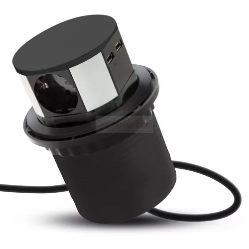 Irodai asztalba rejtett elosztó 3db dugalj 2db USB fekete