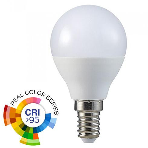 LED lámpa E14 (5,5W/200°) Kisgömb , hideg fehér (CRI95 - RealColor)