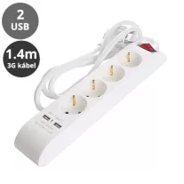   Hosszabbító 4-es elosztóval, kapcsolóval (4 földelt + 2 USB) fehér - 1.4 m vezetékkel
