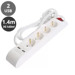   Hosszabbító 4-es elosztóval, kapcsolóval (4 földelt + 2 USB) fehér - 1.4 m vezetékkel