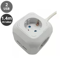   Hosszabbító 4-es elosztóval (4 földelt + 2 USB) fehér - 1.4 m vezetékkel