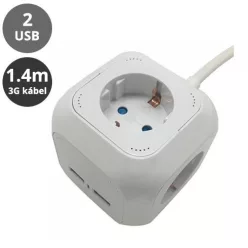   Hosszabbító 4-es elosztóval (4 földelt + 2 USB) fehér - 1.4 m vezetékkel