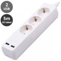   Hosszabbító 3-as elosztóval (3 földelt + 2 USB) fehér - 5 m vezetékkel
