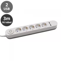   Hosszabbító 5-ös elosztóval (5 földelt + 2 USB) fehér - 3 m vezetékkel