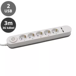   Hosszabbító 5-ös elosztóval (5 földelt + 2 USB) fehér - 3 m vezetékkel