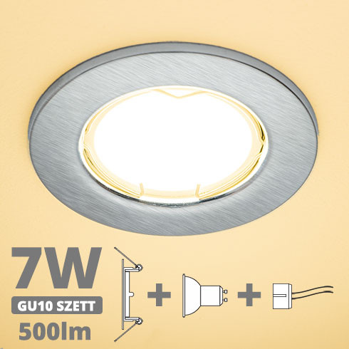 LED spot szett: mattkróm keret + 6,5 Wattos, meleg fehér GU10 LED lámpa + GU10 csatlakozó (kettesével rendelhető)