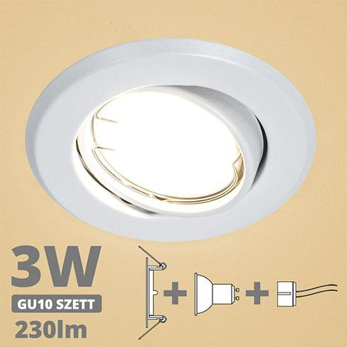 LED spot szett: fehér bill. keret + 3 Wattos, meleg fehér GU10 LED lámpa + GU10 csatlakozó (kettesével rendelhető)