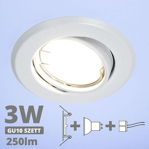 LED spot szett: fehér bill. keret + 3 Wattos, hideg fehér GU10 LED lámpa + GU10 csatlakozó (kettesével rendelhető)