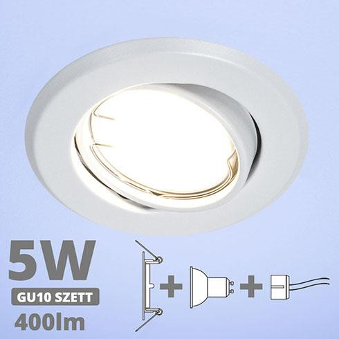 LED spot szett: fehér bill. keret + 4,5 Wattos, hideg fehér GU10 LED lámpa + GU10 csatlakozó (kettesével rendelhető)