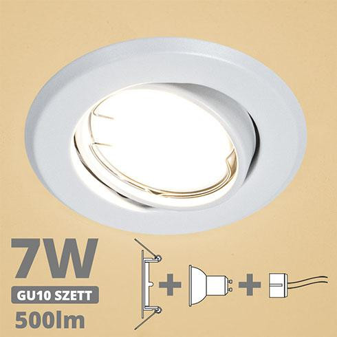 LED spot szett: fehér bill. keret + 7 Wattos, meleg fehér GU10 LED lámpa + GU10 csatlakozó (kettesével rendelhető)