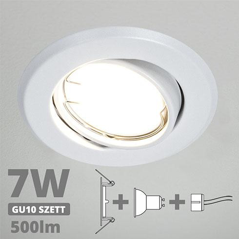 LED spot szett: fehér bill. keret + 7 Wattos, természetes fehér GU10 LED lámpa + GU10 csatlakozó (kettesével rendelhető)