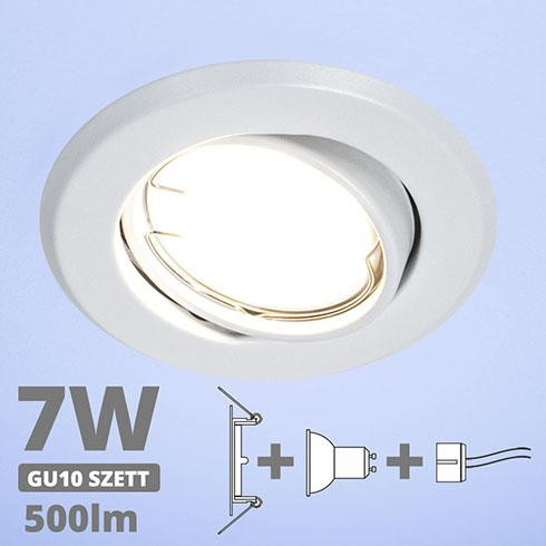LED spot szett: fehér bill. keret + 7 Wattos, hideg fehér GU10 LED lámpa + GU10 csatlakozó (kettesével rendelhető)