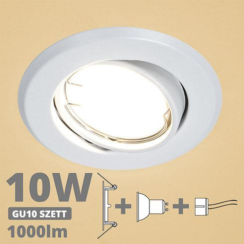 LED spot szett: fehér bill. keret + 10 Wattos, meleg fehér GU10 LED lámpa + GU10 csatlakozó (kettesével rendelhető)