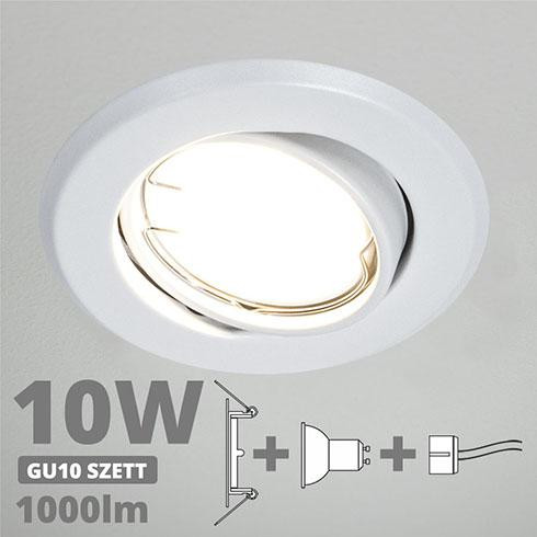 LED spot szett: fehér bill. keret + 10 Wattos, természetes fehér GU10 LED lámpa + GU10 csatlakozó (kettesével rendelhető)
