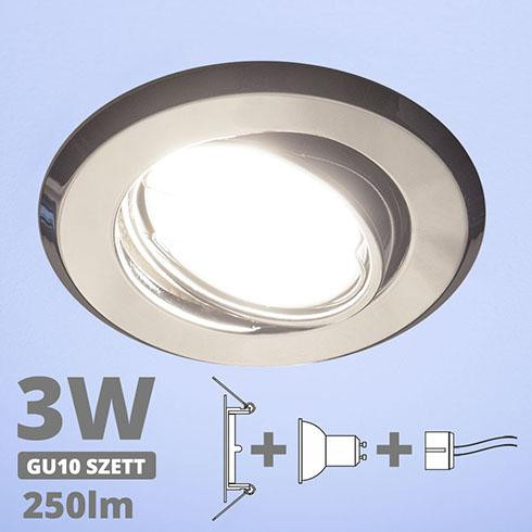 LED spot szett: króm bill. keret + 2,9 Wattos, hideg fehér GU10 LED lámpa + GU10 csatlakozó (kettesével rendelhető)