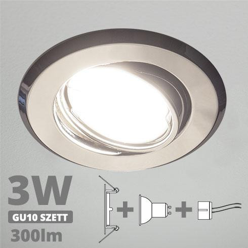 LED spot szett: króm bill. keret + 2,9 Wattos, természetes fehér GU10 LED lámpa + GU10 csatlakozó (kettesével rendelhető)