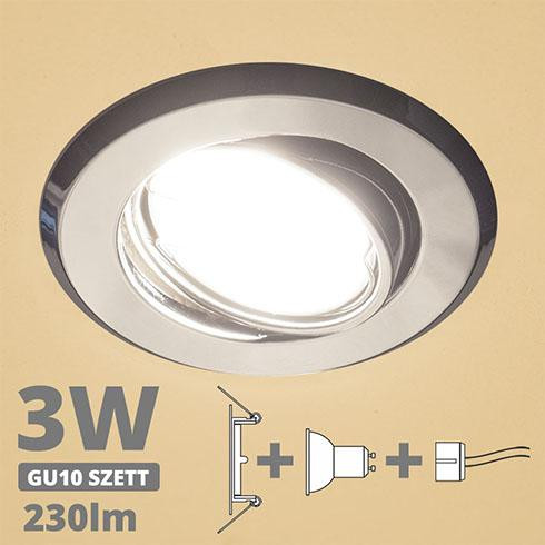 LED spot szett: króm bill. keret + 3 Wattos, meleg fehér GU10 LED lámpa + GU10 csatlakozó (kettesével rendelhető)