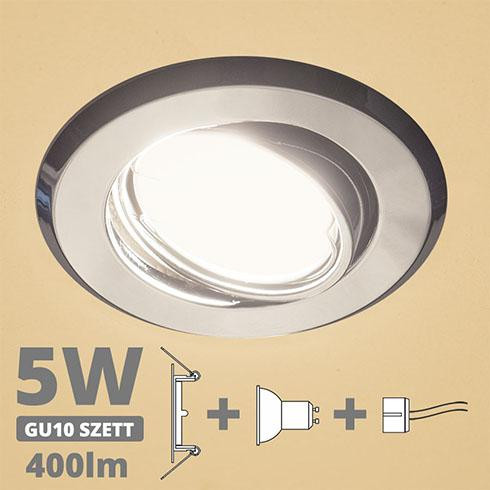 LED spot szett: króm bill. keret + 4,5 Wattos, meleg fehér GU10 LED lámpa + GU10 csatlakozó (kettesével rendelhető)