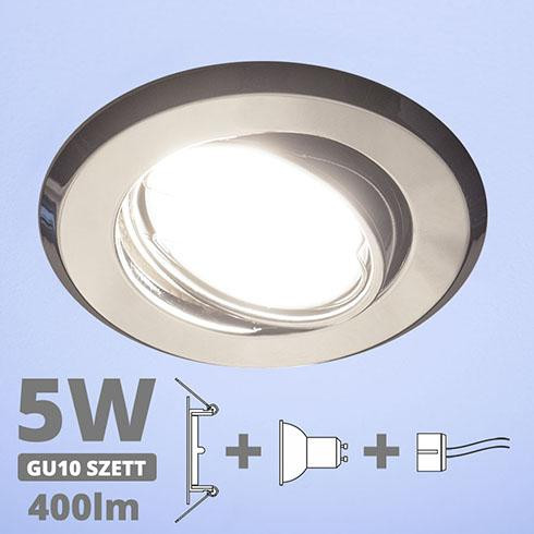 LED spot szett: króm bill. keret + 4,5 Wattos, hideg fehér GU10 LED lámpa + GU10 csatlakozó (kettesével rendelhető)