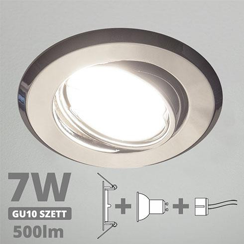LED spot szett: króm bill. keret + 6,5 Wattos, természetes fehér GU10 LED lámpa + GU10 csatlakozó (kettesével rendelhető)