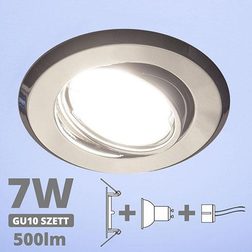 LED spot szett: króm bill. keret + 6,5 Wattos, hideg fehér GU10 LED lámpa + GU10 csatlakozó (kettesével rendelhető)