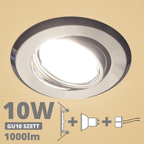 LED spot szett: króm bill. keret + 9,5 Wattos, meleg fehér GU10 LED lámpa + GU10 csatlakozó (kettesével rendelhető)