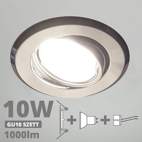 LED spot szett: króm bill. keret + 9,5 Wattos, természetes fehér GU10 LED lámpa + GU10 csatlakozó (kettesével rendelhető)