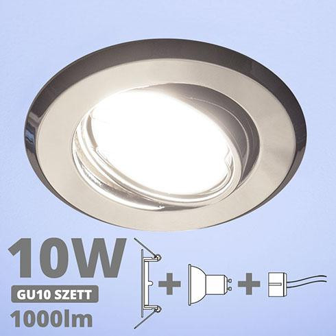 LED spot szett: króm bill. keret + 9,5 Wattos, hideg fehér GU10 LED lámpa + GU10 csatlakozó (kettesével rendelhető)
