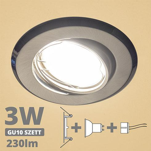 LED spot szett: mattkróm bill. keret + 2,9 Wattos, meleg fehér GU10 LED lámpa + GU10 csatlakozó (kettesével rendelhető)