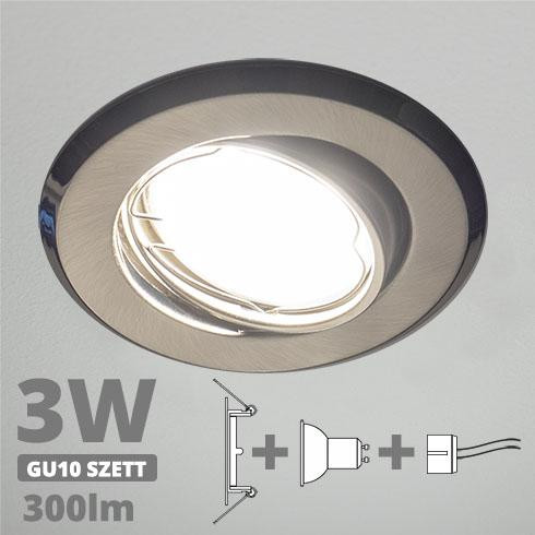 LED spot szett: mattkróm bill. keret + 2,9 Wattos, természetes fehér GU10 LED lámpa + GU10 csatlakozó (kettesével rendelhető)