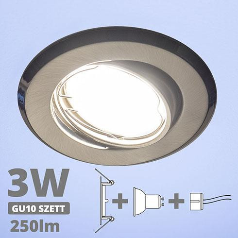 LED spot szett: mattkróm bill. keret + 2,9 Wattos, hideg fehér GU10 LED lámpa + GU10 csatlakozó (kettesével rendelhető)