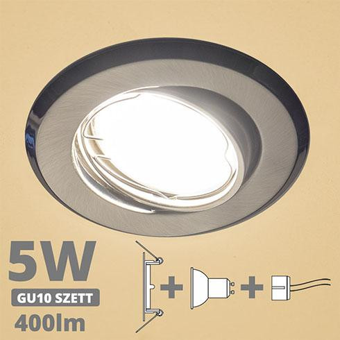 LED spot szett: mattkróm bill. keret + 4,5 Wattos, meleg fehér GU10 LED lámpa + GU10 csatlakozó (kettesével rendelhető)