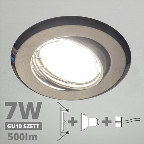 LED spot szett: mattkróm bill. keret + 6,5 Wattos, természetes fehér GU10 LED lámpa + GU10 csatlakozó (kettesével rendelhető)