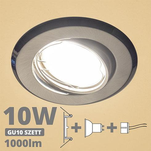 LED spot szett: mattkróm bill. keret + 9,5 Wattos, meleg fehér GU10 LED lámpa + GU10 csatlakozó (kettesével rendelhető)