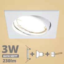  LED spot szett: fehér bill. keret, négyzet + 3 Wattos, meleg fehér GU10 LED lámpa + GU10 csatlakozó (kettesével rendelhető)