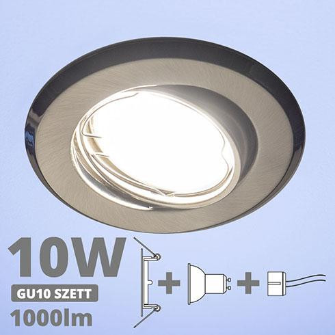 LED spot szett: mattkróm bill. keret + 9,5 Wattos, hideg fehér GU10 LED lámpa + GU10 csatlakozó (kettesével rendelhető)